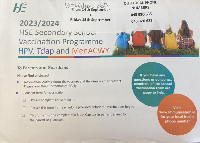 Reminder Re Return of 1st Year HSE Vaccination Forms Naas CBS